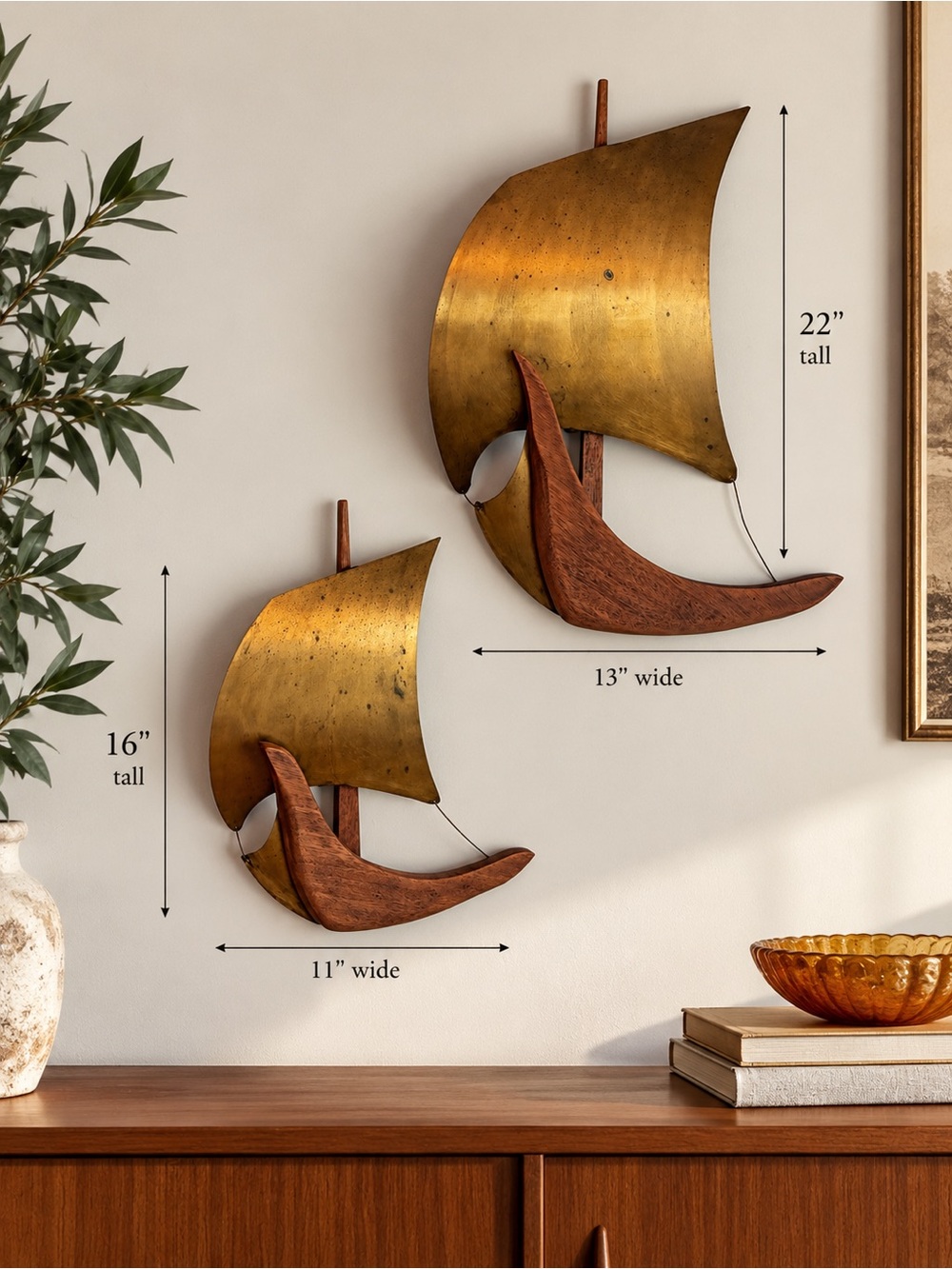 One of a kind! MCM Mid Century Metal and Wood Sailboat Wall Decor - beautiful